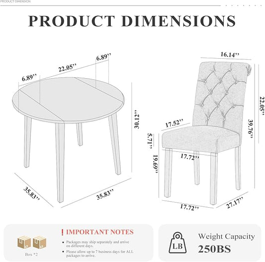 COLAMY 3-Piece Extendable Dining Table Set for 2, 36" Kitchen Round Wood Table with 2 Tufted Dining Room Chairs,Light Brown/Blue
