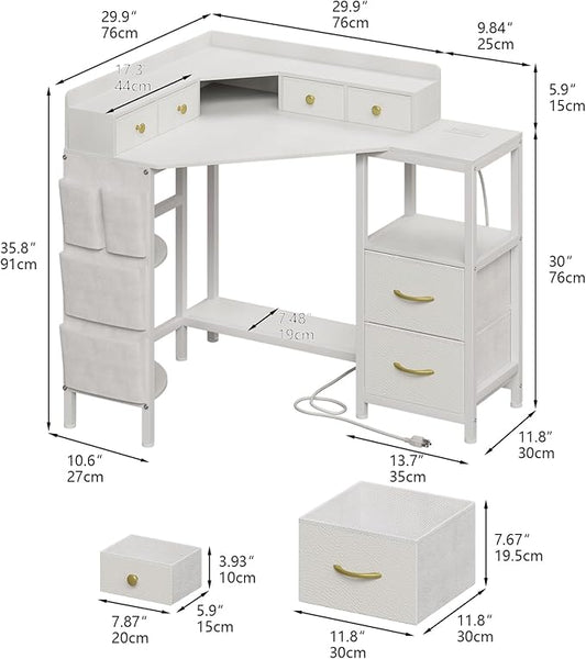 Corner Desk with 6 Drawers Shelves for Small Space Computer Desk with Power Outlets,Gaming Desk with Printer Monitor Stand Storage for Home Office Workstation Writing Table (White, 31.5)