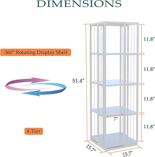 Square Rotating Bookshelf Tower - 360 Spinning Display Corner Bookcase for Narrow Space, Modern 4-Tier Revolving Storage Shelf, White