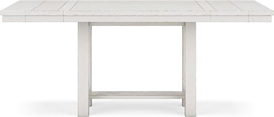 Signature Design by Ashley Robbinsdale Farmhouse Distressed Counter Height Dining Extension Table with Trestle Base, Planked Effect and 2 Removable End Leaves, White