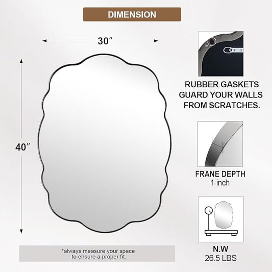 ANDY STAR Chrome Vintage Scalloped Mirror - 30x40 Inch Retro Bathroom Mirror, Unique Irregular Oval Wavy Mirror with Heavy Duty Metal Frame