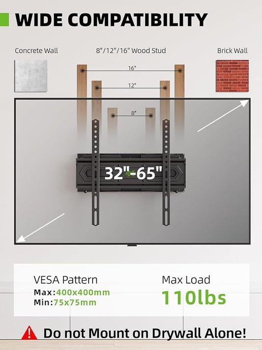 USX MOUNT TV Wall Mount for 32-65 inch Flat Screen/LED/4K up to 110lbs, Full Motion TV Mount Bracket with Swivel & Tilt Articulating Dual Arms, Max VESA 400x400mm, Fits 12/16" Wood Studs