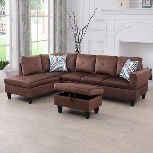 Brown L-Shaped 3-Piece Microfiber Sofa with Storage Ottoman Set, Sectional Couch Sofa Set for Living Room, Office, Small Space