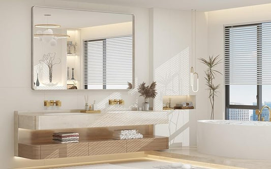 55x36 Inch Brushed Nickel Bathroom Mirror, Large Brushed Silver Metal Framed Wall Mirror, Rounded Corner Rectangle Modern Vanity Mirror, Tempered Glass, Anti-Rust, Shatterproof (Horizontal/Vertical)