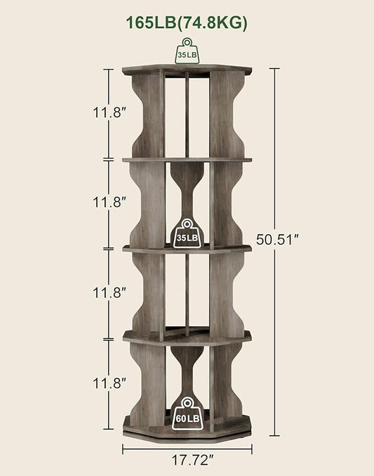 4 Tier Rotating Bookshelf, Spinning Bookshelf Tower Lazy Susan, Corner Revolving Storage Rack for Bedroom, Study Room, Kids Room, Living Room, Office, Gray