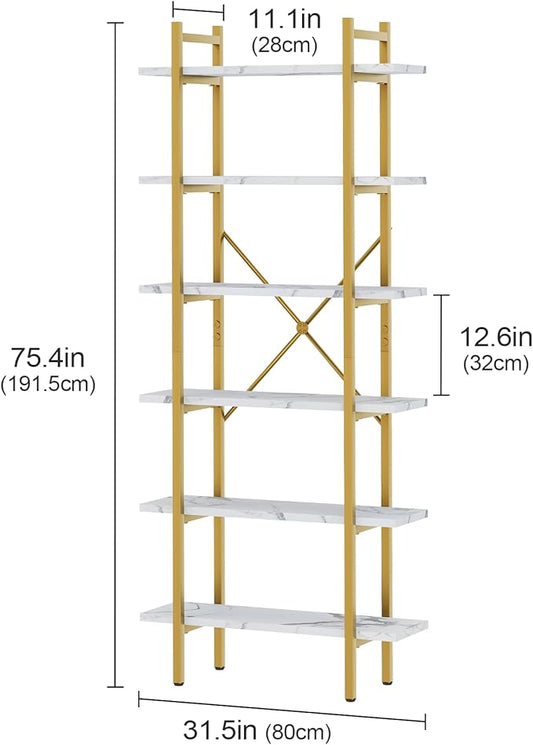 6 Tiers Bookshelf Organizer White Faux Marble Shelf,Modern Open Display Storage Bookcase, and Metal Bookshelf Standing Storage Shelf Tall Shelving Units for Home Office Study