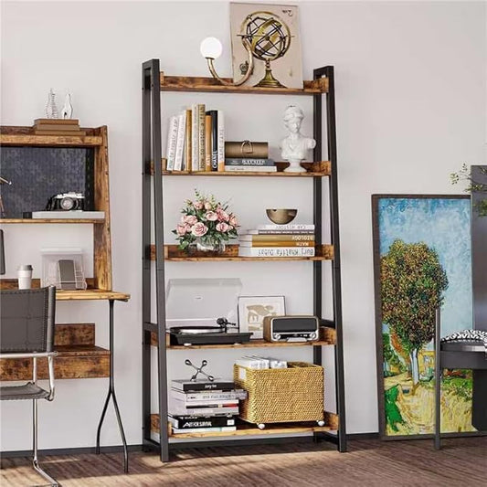 IRONCK Industrial Bookshelf 5-Tier 31.5 in Wide, Bookcase Ladder Shelf, Storage Shelves Rack Shelf Unit, Accent Furniture Metal Frame, Home Office Furniture for Bathroom, Living Room