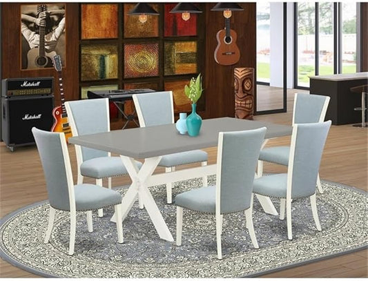 East West Furniture X097VE215-7 7 Piece Dining Table Set Consist of a Rectangle Dining Room Table with X-Legs and 6 Baby Blue Linen Fabric Upholstered Chairs, 40x72 Inch, Multi-Color
