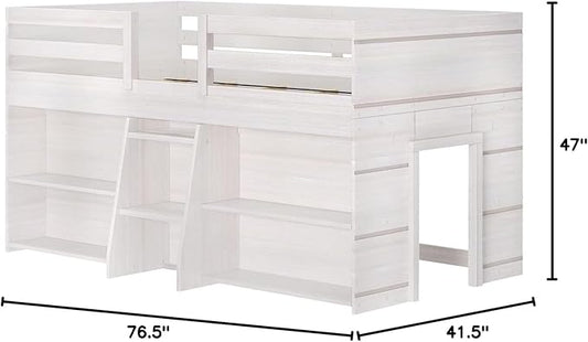 Max & Lily Modern Farmhouse Low Loft Bed, Twin Bed Frame for Kids with 2 Bookcases, White Wash