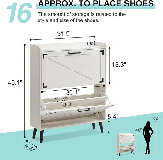 Shoe Storage Cabinet,Farmhouse Shoe Organizer with 2 Flip Drawers & Barn Door Design,Freestanding Hidden Slim Narrow Shoe Rack Cabinet for Entryway,Foyer,Hallway,Antique White