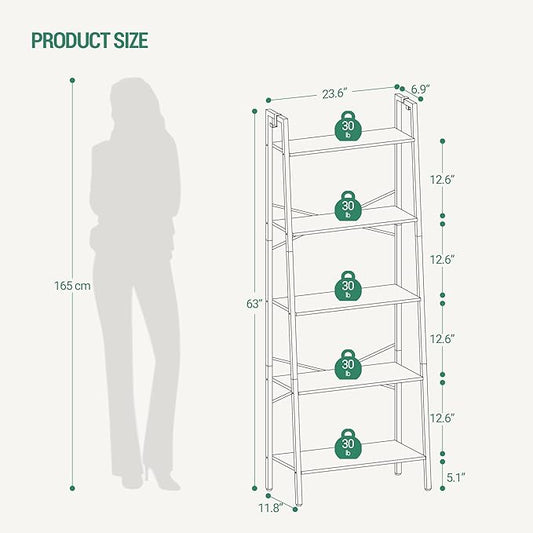Ladder Shelf, Bookshelf Bookcase, Freestanding Corner Storage Shelve with 2 Hooks for Home Office, Living Room, Kitchen, Bedroom, Industrial, 5-Tier Rustic Brown BC19301B