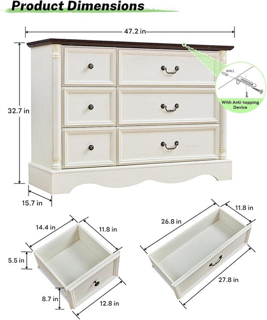 Farmhouse 6 Drawers Dresser for Bedroom with Charging Station, Wood Country Rustic Storage Dressers Organizer, Vintage Design Chest of Drawers for Bedroom, Living Room