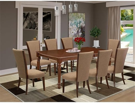 East West Furniture DOVE9-MAH-47 9 Piece Dining Set Includes a Rectangle Dining Room Table with Butterfly Leaf and 8 Light Sable Linen Fabric Upholstered Chairs, 42x78 Inch, Mahogany