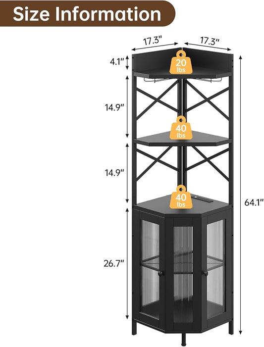 Corner Bar Cabinet with Power Outlet, 5-Tier Corner Wine Cabinet with Led Strip and Glass Holder, Industrial Tall Liquor Cabinet Bar Wine Rack for Home,Black