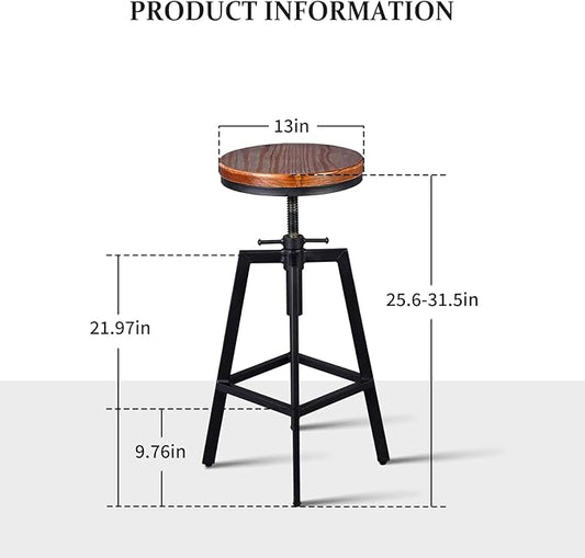 Set of 2 Vintage Bar Stools 25.6-31.5inch Height Adjustable Farmhouse Dinning Stool Swivel Wooden Seat Kitchen Island Counter Chair