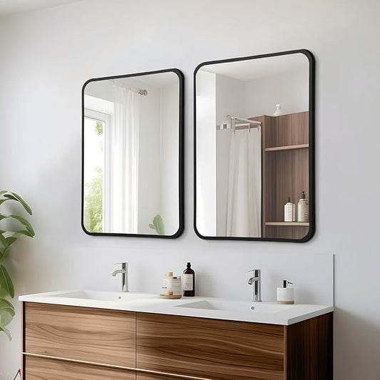 20x28 Rounded Rectangle Bathroom Mirrors for Over Sink, Black Vanity Mirror with Metal Frame Wall Mounted, Modern Farmhouse Mirror for Restroom, Bedroom, Entryway Decor