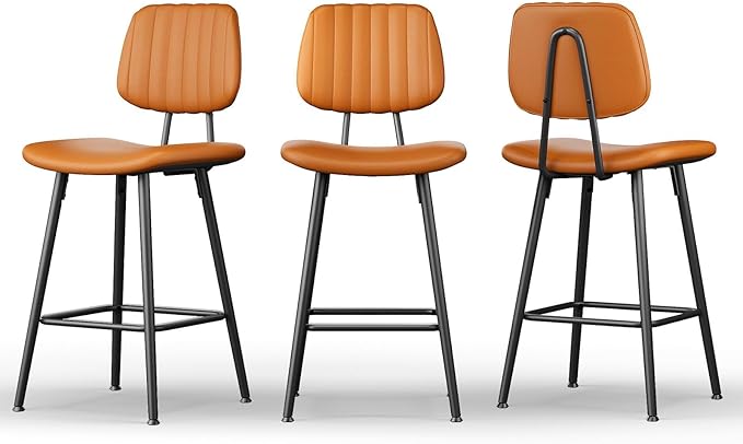24-Inch Leather Bar Stools Set of 2, Counter Height Barstools with High Backrest,Bar Chairs for Kitchen Island with Heavy Duty Metal Legs, Brown