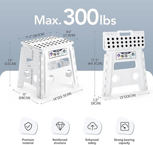 Delxo 13" Folding Step Stool, Non-Slip Foldable Step Stools with Handle,Plastic Portable Folding Stool for Bathroom,Bedroom,Kitchen,Hold up to 300lbs White