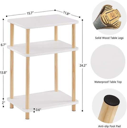 Apicizon 3 Tier Nightstand, End Table with Storage Shelf, Wooden Vinyl Record, Farmhouse Bedside Table for Small Spaces, Bedroom, Living Room, Easy Assembly, White+Natural