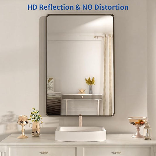 WEER 24x32 Inch Bronze Bathroom Mirror - Brushed Bronze Frame for Vanity, Rounded Rectangle with Tempered Glass, Anti-Rust (Horizontal/Vertical)