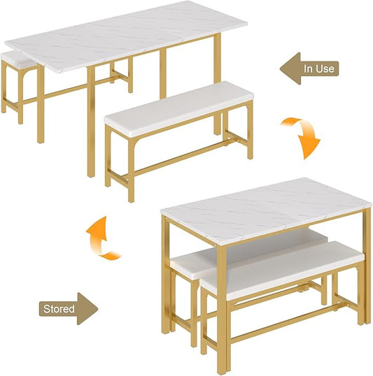 VECELO 3-Piece 63" Extendable Kitchen Table with Benches/Chairs, Modern Breakfast Dinette/Dining Room Set for 4/6/2, Small Space Saving Design, Easy Assembly