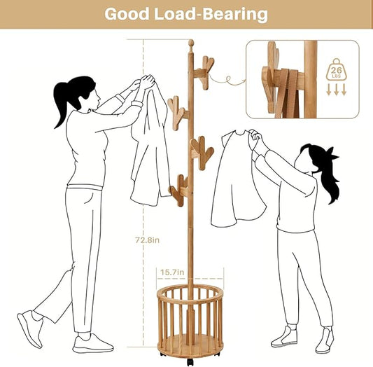 Uniclinens Solid Wood Coat Rack Freestanding with Umbrella Holder, Tree Coat Rack Stand with Lockable Universal Casters & 12 Hooks for Entryway Bedroom, Natural