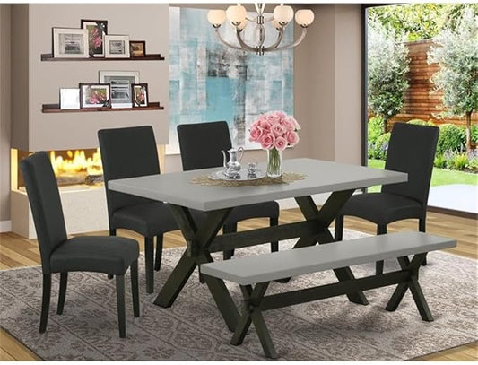 East West Furniture X696DR124-6 6 Piece Dining Set Contains a Rectangle Dining Room Table with X-Legs and 4 Black Color Linen Fabric Parson Chairs with a Bench, 36x60 Inch, Multi-Color