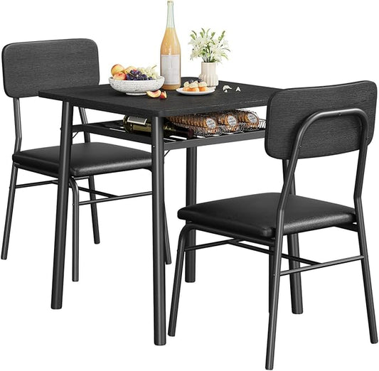 3-Piece Dining Table Set for 2, Wood Kitchen Table Set with Built-in Storage Rack,Small Kitchen Table with Upholstered Chairs and Metal Frame for Small Spaces,Black Wood Grain Color