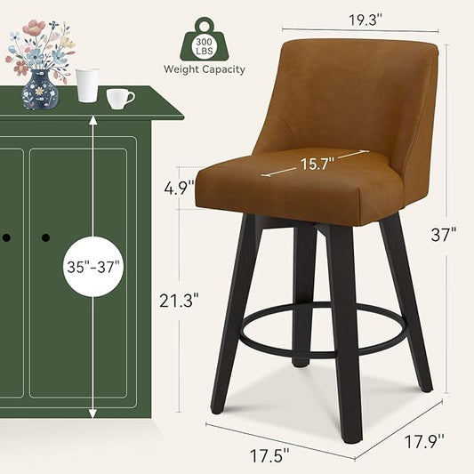 Vipbear Swivel Counter Height Bar Stools Set of 2,26.8" H Counter Stools with Back, Mid Century Modern Bar Stools for Kitchen Island,Faux Leather,Wooden Base, Brown