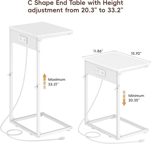 Vagusicc C Shaped End Table with Charging Station, Adjustable Height Side Table for Couch, Small End Table Small Spaces, 33.2'' Tall Couch Tables that Slide Under, Tv Tray Table for Living Room, White