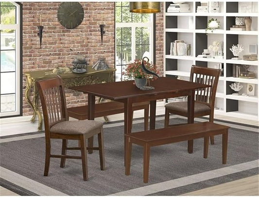 East West Furniture PSNO5C-MAH-C 5 Piece Dinette Set Includes a Rectangle Dining Room Table with Butterfly Leaf and 2 Linen Fabric Dining Chairs with 2 Benches, 32x60 Inch, Mahogany