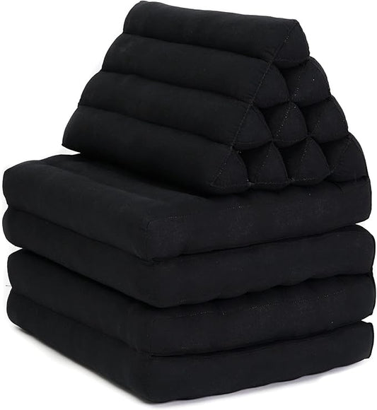 Leewadee Comfortable Japanese Floor Mattress - Thai Floor Bed with Triangle Cushion - Futon Mattress - XL Extra Long Thai Massage Mat, 89 x 20 inches, Black, Kapok Filling