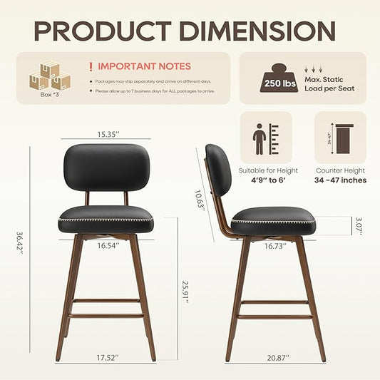 Swivel Bar Stools Set of 6, Mid Century PU Leather Counter Height Bar Chairs with Low Back and Metal Legs, Modern Bar Stool Chair for Kitchen Island, Black