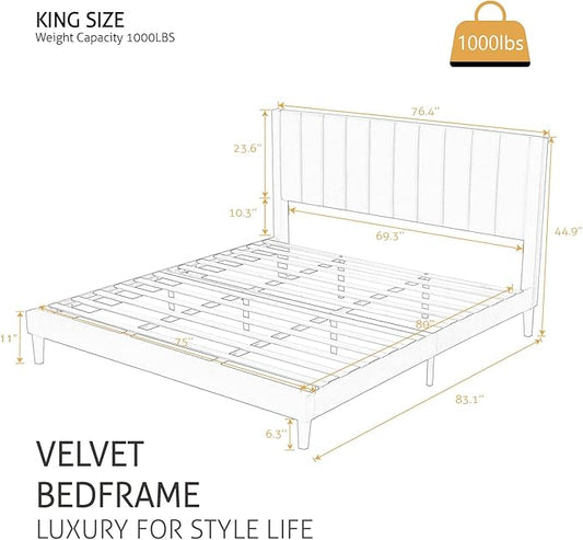 SHA CERLIN King Bed Frame/Velvet Upholstered Platform Bed Frame with Headboard/Strong Wood Slats Support/Mattress Foundation/No Box Spring Needed - Green