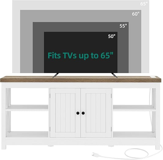 YITAHOME TV Stands for Living Room, Modern Entertainment Center with Power Outlets for Television up to 65 Inch, Farmhouse Media Console TV Cabinet with Adjustable Shelf & Open Shelves, White
