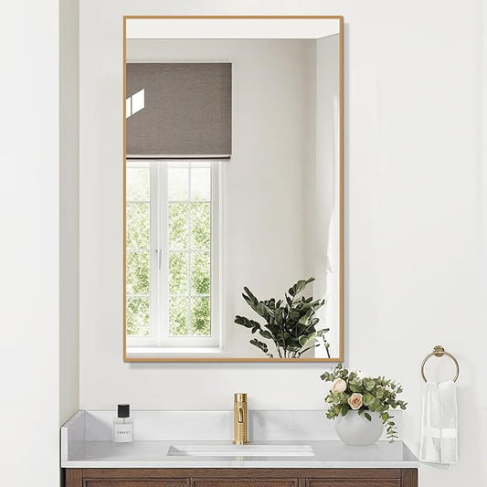 Golden Bathroom Mirror for Wall, Rectangle Mirrors with Metal Frame, Modern Vanity Wall Mirror Decor for Entryway Hangs, Bathroom Living Room Horizontal or Vertical(Golden, 30" L x 24" W)