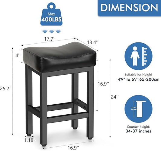 Counter Height Bar Stools Set of 2, 24 Inch Barstools for Kitchen Island Counter, Bonded Leather Kitchen Stools with Thick Saddle Seats & Heavy Duty Metal Base, Easy Assembly, All Black