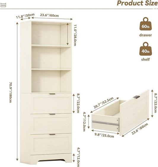 6 Tier Book Shelf with Drawers,White Farmhouse Display Bookshelf with Organizers and Storage,Free Standing Tall Bookshelf with Cabinet for Bedroom,Living Room, Office