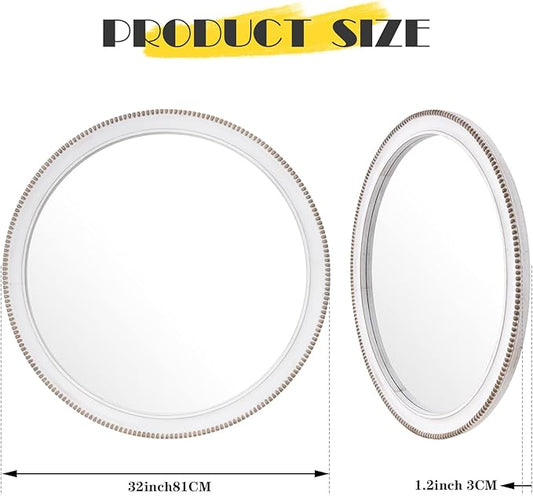 sawsile Wood Circle Mirror,Rustic Farmhouse Wall Mirror 32 inch Round Morden Decoration Wood Large Mirror White Accent Mirror for Bedroom,Living Room