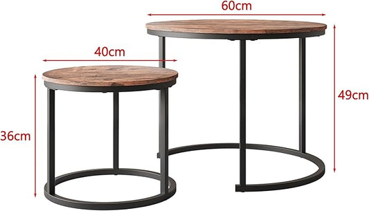 Small Coffee Table Living Room, Black Round Coffee Table Nesting Table Set of 2,Metal Frame with Wood Sofa Table,Sturdy and Easy Assembly,Stacking Side Table for Bedroom,Office,Balcony