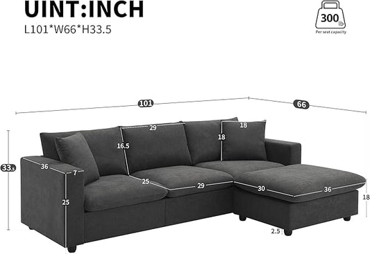 100" Modern Sectional Sofa with Convertible Ottoman,L-Shaped Couch Set W/ 2 Free Pillows,4-seat Polyester Fabric Indoor Luxury Furniture for Living Room, Apartment,Office,Dawn Grey