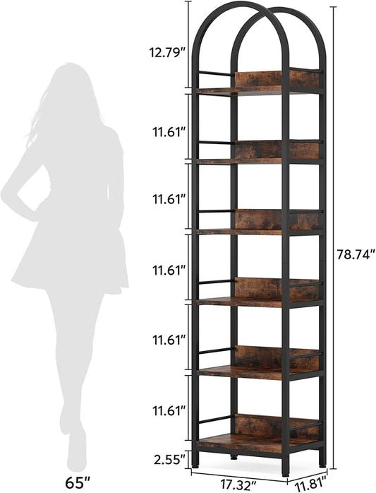 Tribesigns 6-Tier Open Bookshelf, 78.7" Tall Arched Bookcase Narrow Bookshelf with Metal Frame, Freestanding Corner Bookcase Display Shelves for Living Room, Home Office, Rustic Brown