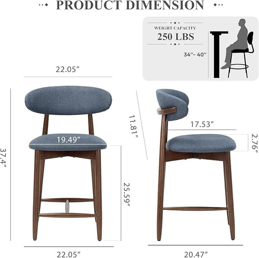 COLAMY Bar Stools Set of 6, Counter Height Bar Stools, Upholstered Counter Stools with Wood Legs for Kitchen Island Dining Room Bar, Blue