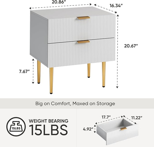 Set of 2 Nightstand, White Mid Century Modern Night Stand with Fluted Panel, Bedside Table with 2 Drawer, Large NightStand with Gold Leg for Bedroom