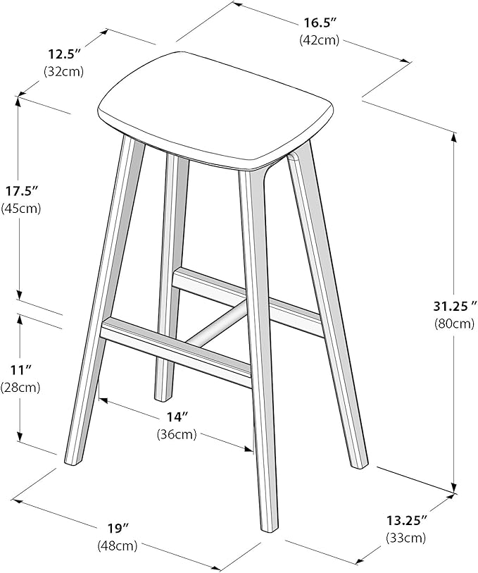Plank+Beam Beryl Bar Height Stool - Mid-Century Modern Rubberwood Bar Stool with Faux Leather Seat, Metal Footrest, Easy Assembly, 4-Pack, Pecan/Toffee