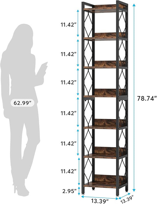 Tribesigns 78.7 Inch Extra Tall Narrow Bookshelf, 7-Tier Skinny Bookcase for Small Spaces, Freestanding Display Shelves, Multifunctional Corner Storage Organizer for Home Office, Rustic Brown
