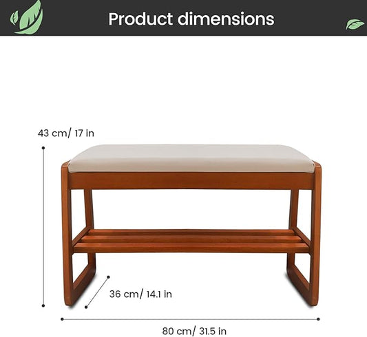 Solid Wood Shoe Rack, 2 Tier Shoe Storage Bench with Cushion Seat, 6 Pair Shoe Organizer for Entryway, Small, Cherrywood, 24 Inch