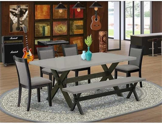East West Furniture X697MZ650-6 6 Piece Dinette Set Contains a Rectangle Dining Table with X-Legs and 4 Dark Gotham Grey Linen Fabric Parson Chairs with a Bench, 40x72 Inch, Multi-Color