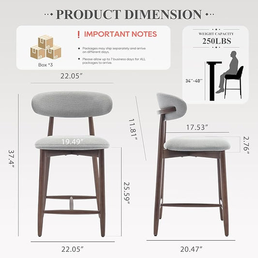 Upholstered Counter Height Bar Stools Set of 6, Kitchen Island Stools with Back, Modern Counter Barstools Bar Chairs with Wood Legs, Light Grey