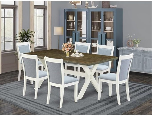 East West Furniture X077MZ015-7 7 Piece Dining Room Table Set Consist of a Rectangle Kitchen Table with X-Legs and 6 Baby Blue Linen Fabric Parson Dining Chairs, 40x72 Inch, Multi-Color